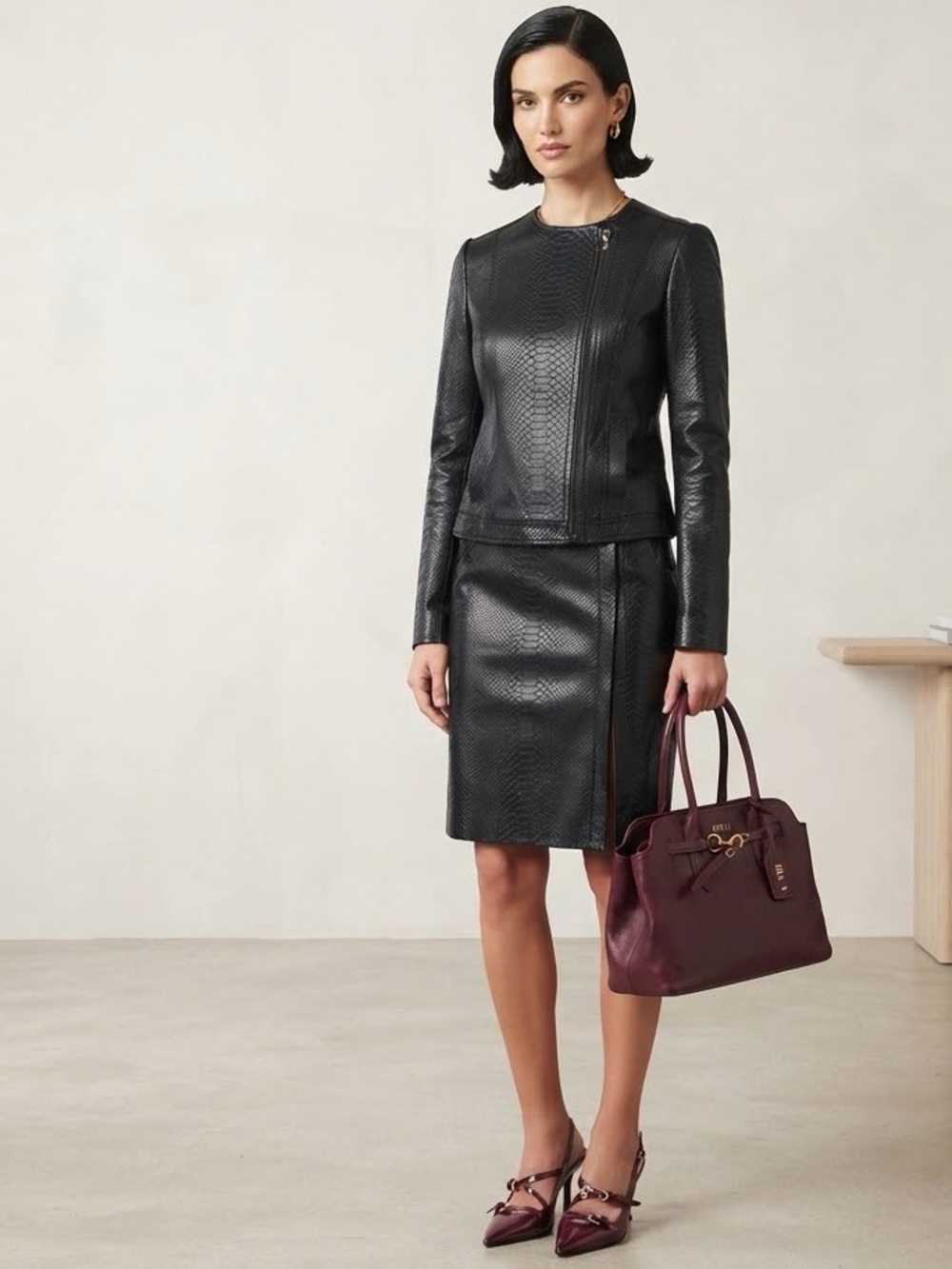 VINCE Black Snakeskin Embossed Leather Jacket & Skirt Set Size S / 6